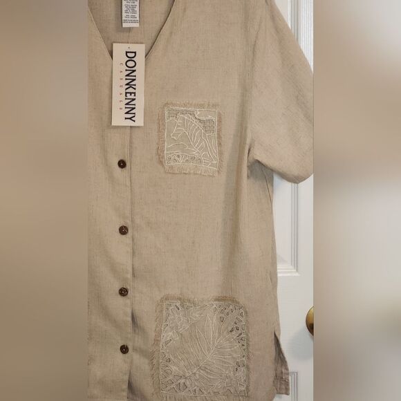 NWT Donnkenny L Beige LINEN Blend Embroidered Shrtslv Buttons Women Top Cardigan - Picture 2 of 8
